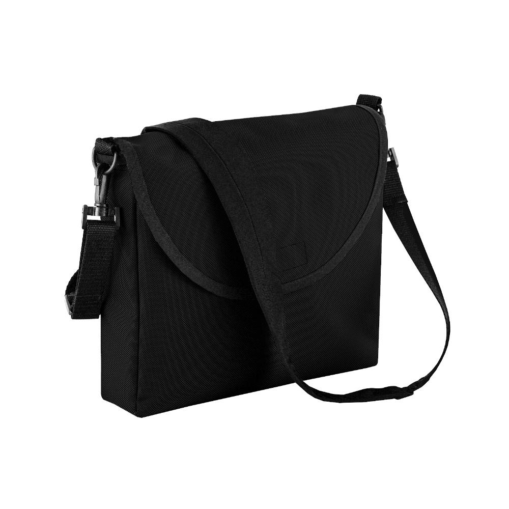 Black canvas LVAD messenger bag with durable fabric, elastic battery holders, controller pocket, and quick-release strap.